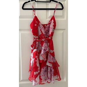 Saint + Secrets Princess Polly Red Exploded Floral Ruffle Hem Mini Dress